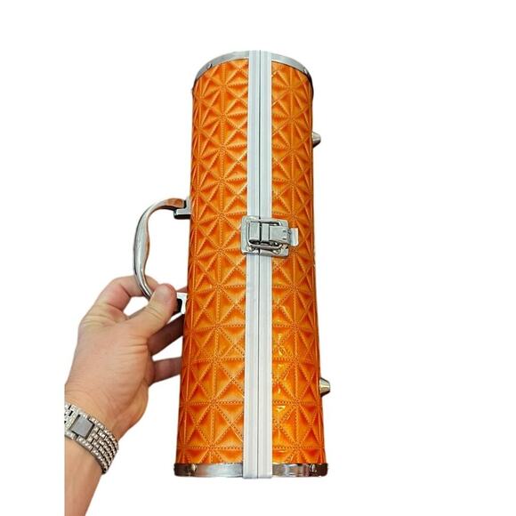 Vintage Wine Bottle Carrier Faux Orange Quilted Metal Chrome Frame footed 13" - Picture 3 of 7